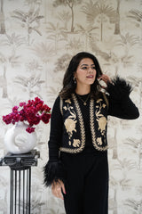 Black Embroidered  Lightweight Pure Cotton Open Front Jacket