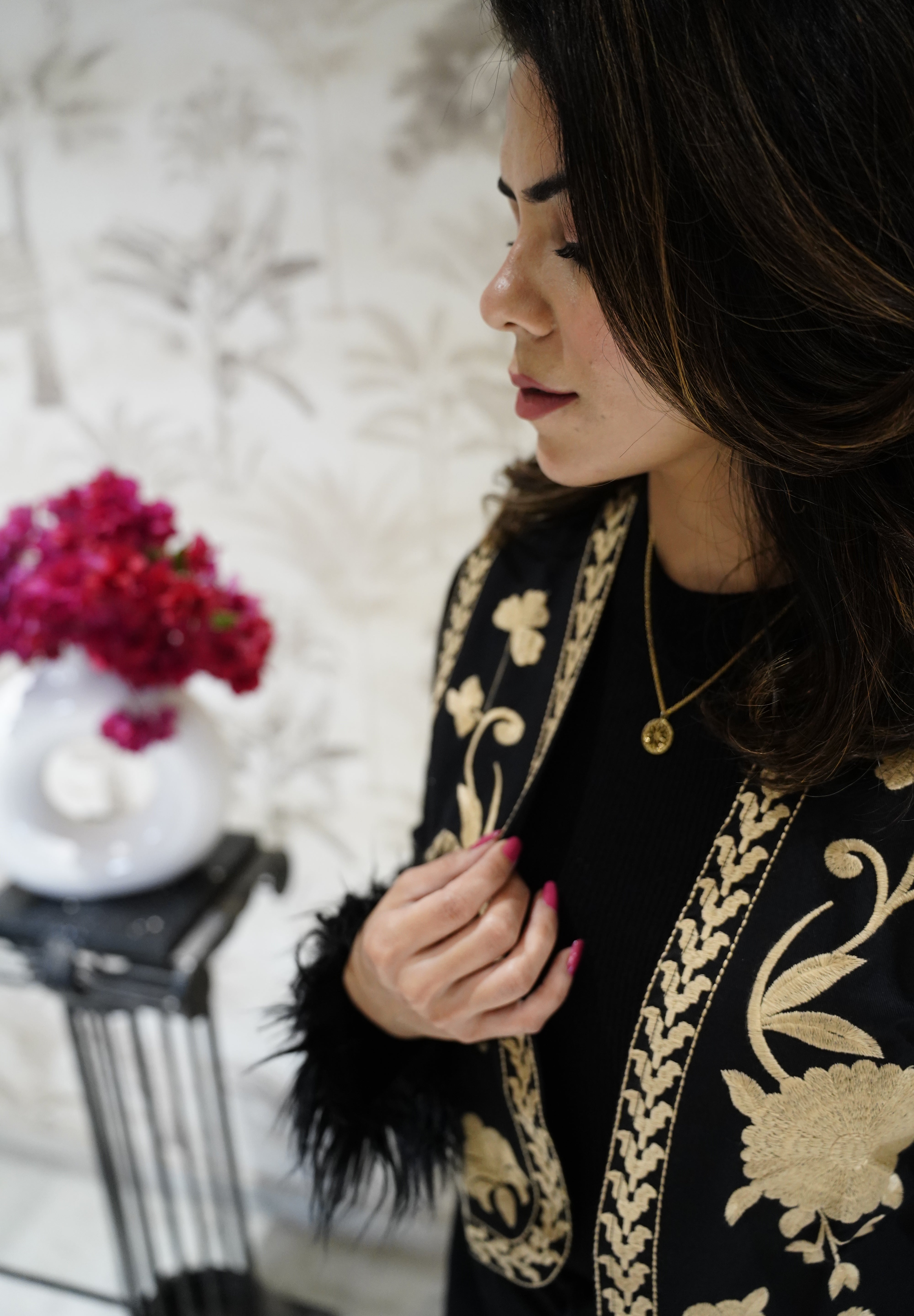 Black Embroidered  Lightweight Pure Cotton Open Front Jacket