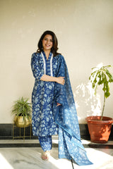 Indigo Printed Kurta with Salwar style lower and Dupatta