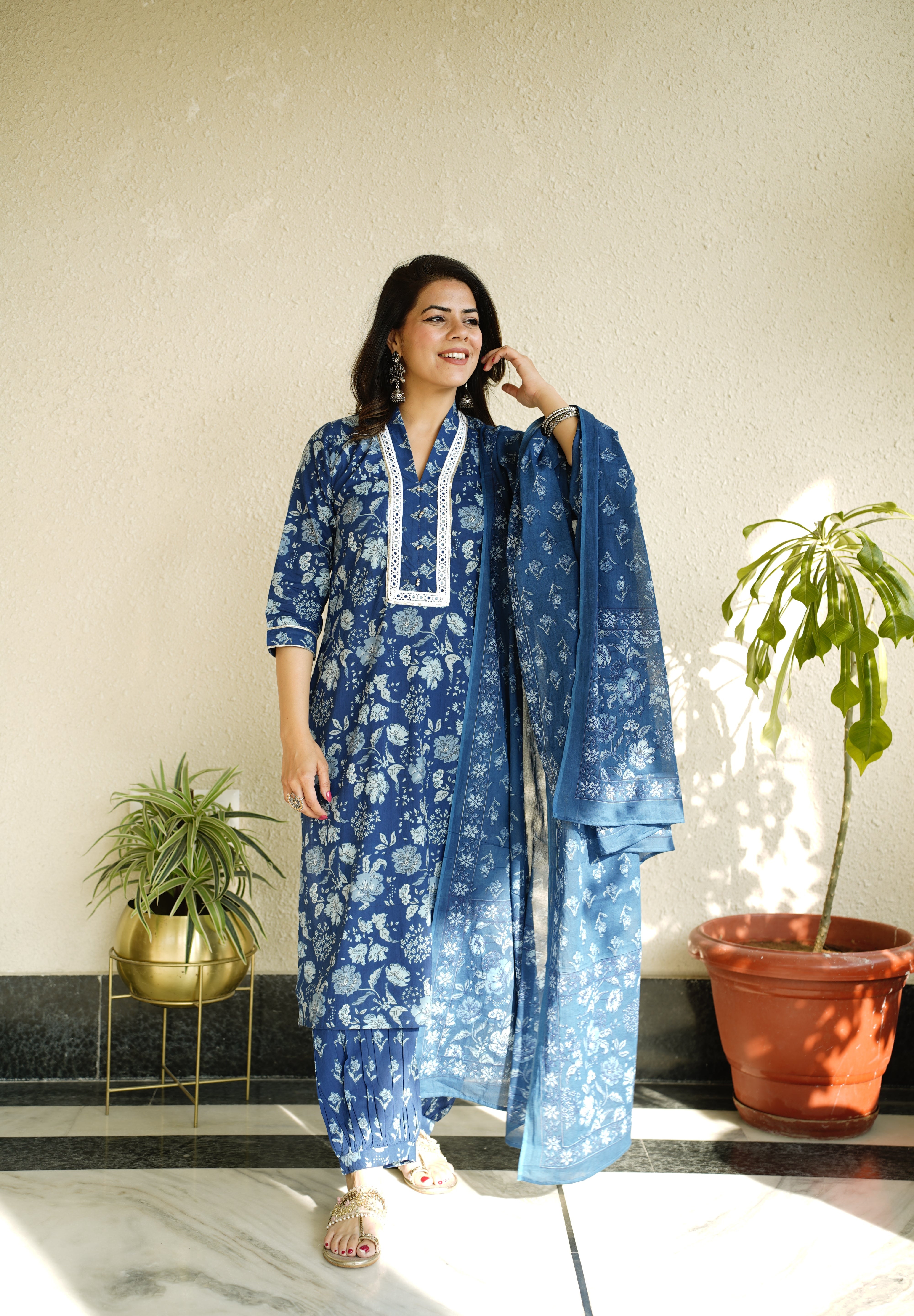 Indigo Printed Kurta with Salwar style lower and Dupatta