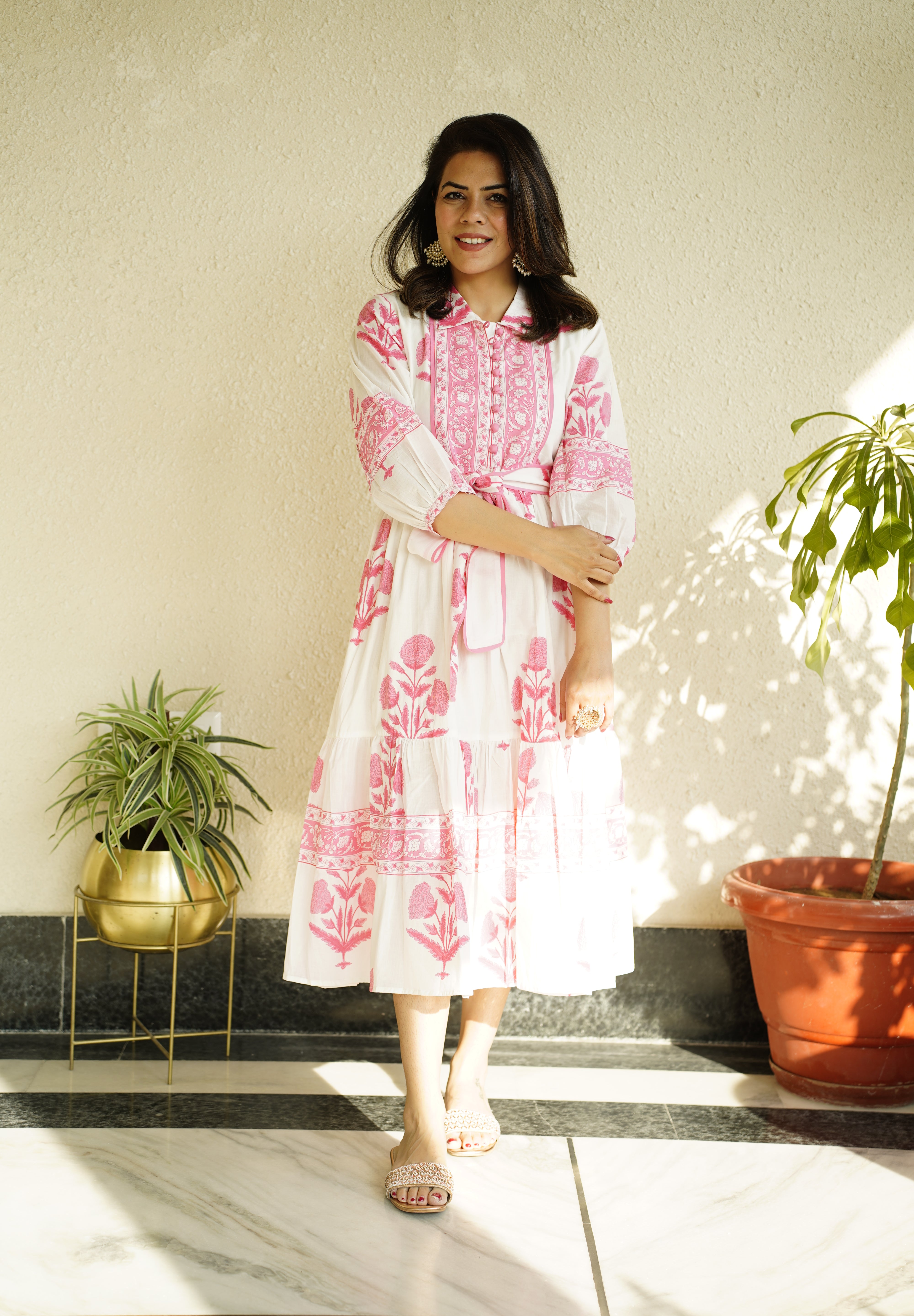 White & Pink Mughal Printed Tier Cotton Dress