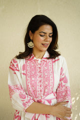 White & Pink Mughal Printed Tier Cotton Dress