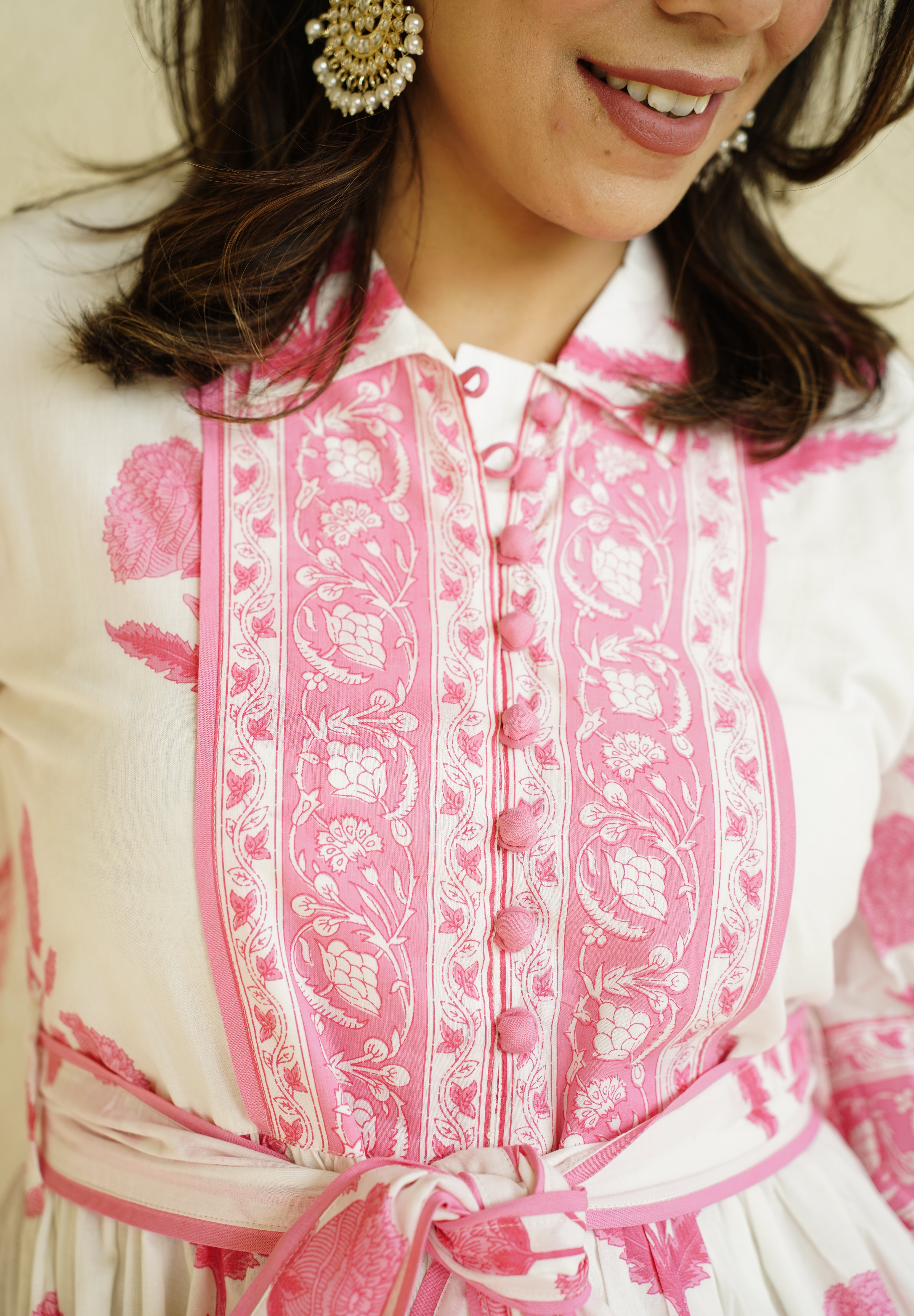 White & Pink Mughal Printed Tier Cotton Dress