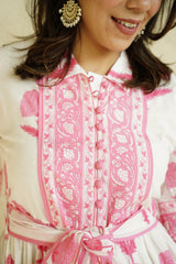 White & Pink Mughal Printed Tier Cotton Dress