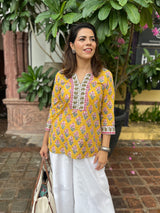 Yellow Printed Sequinned Pure Cotton Kurti