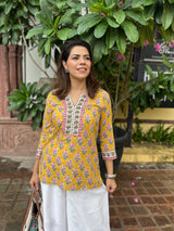 Yellow Printed Sequinned Pure Cotton Kurti