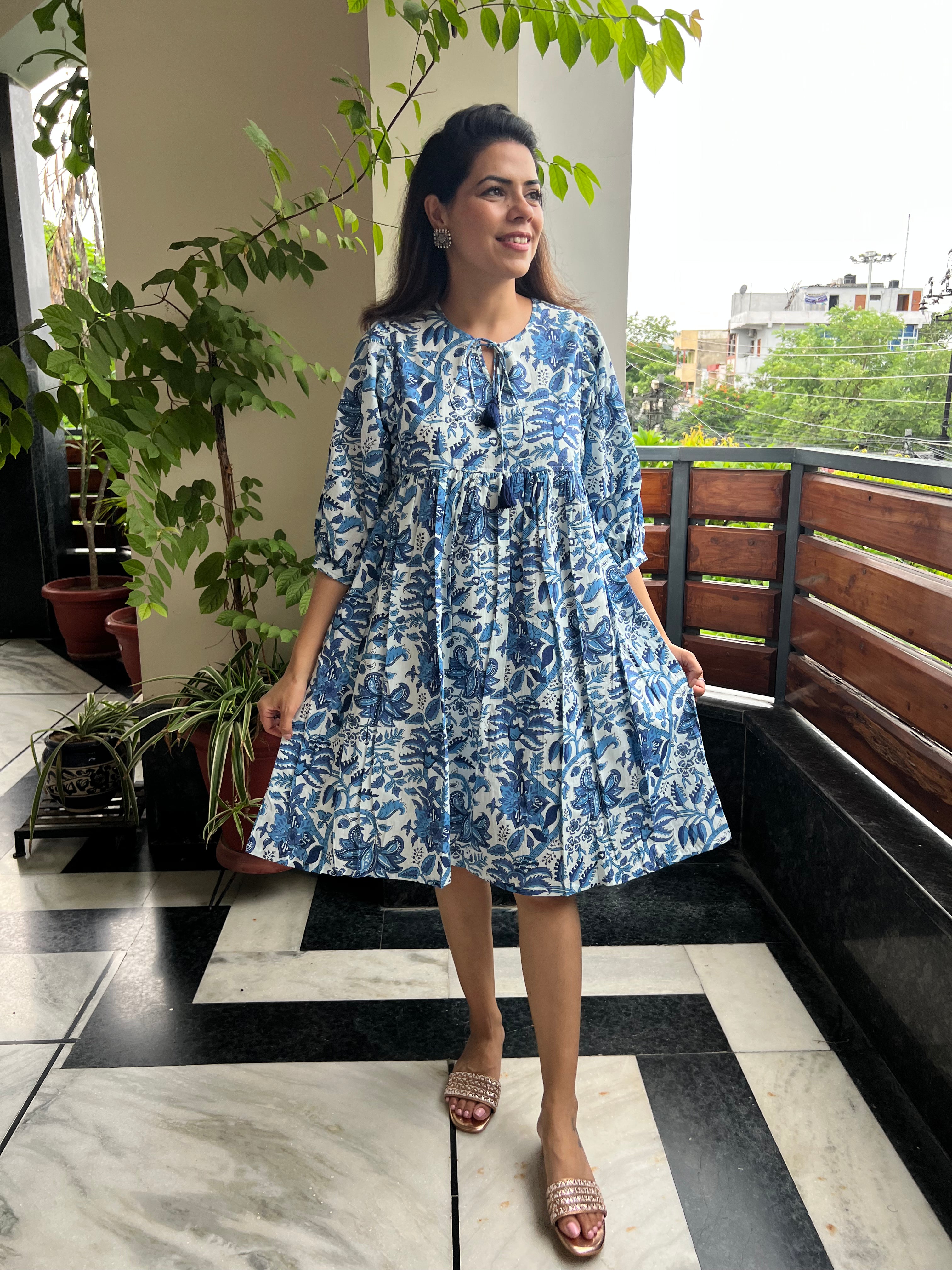 White & Blue Printed Cotton Dress