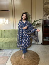 Blue printed Sequinned Pure Cotton Kurta with Trousers & Dupatta