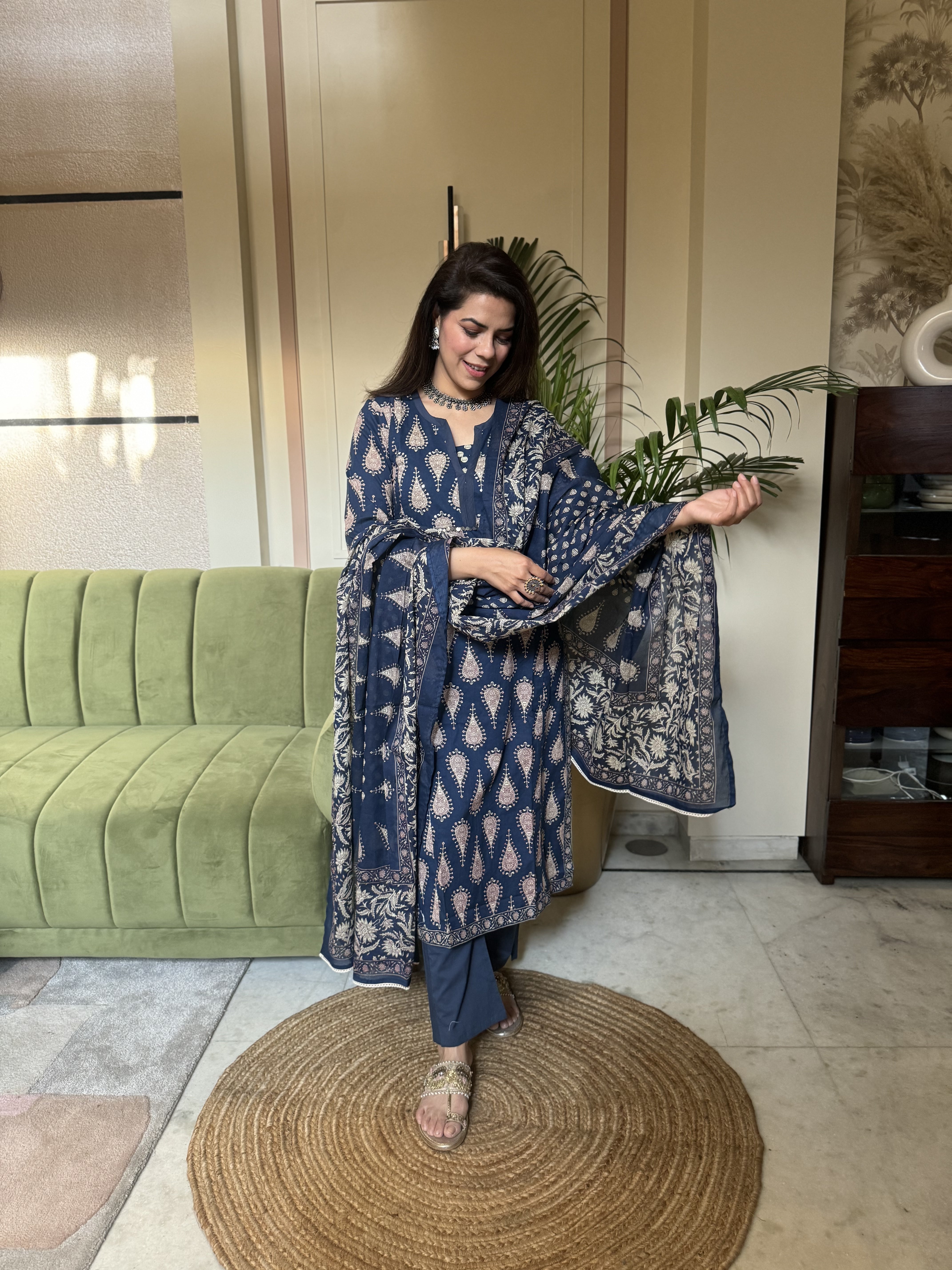 Blue printed Sequinned Pure Cotton Kurta with Trousers & Dupatta