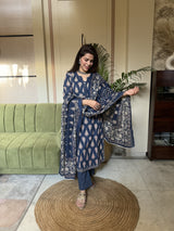 Blue printed Sequinned Pure Cotton Kurta with Trousers & Dupatta