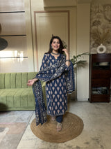 Blue printed Sequinned Pure Cotton Kurta with Trousers & Dupatta