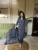 Blue printed Sequinned Pure Cotton Kurta with Trousers & Dupatta