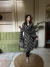 Black printed Sequinned Pure Cotton Kurta with Trousers & Dupatta