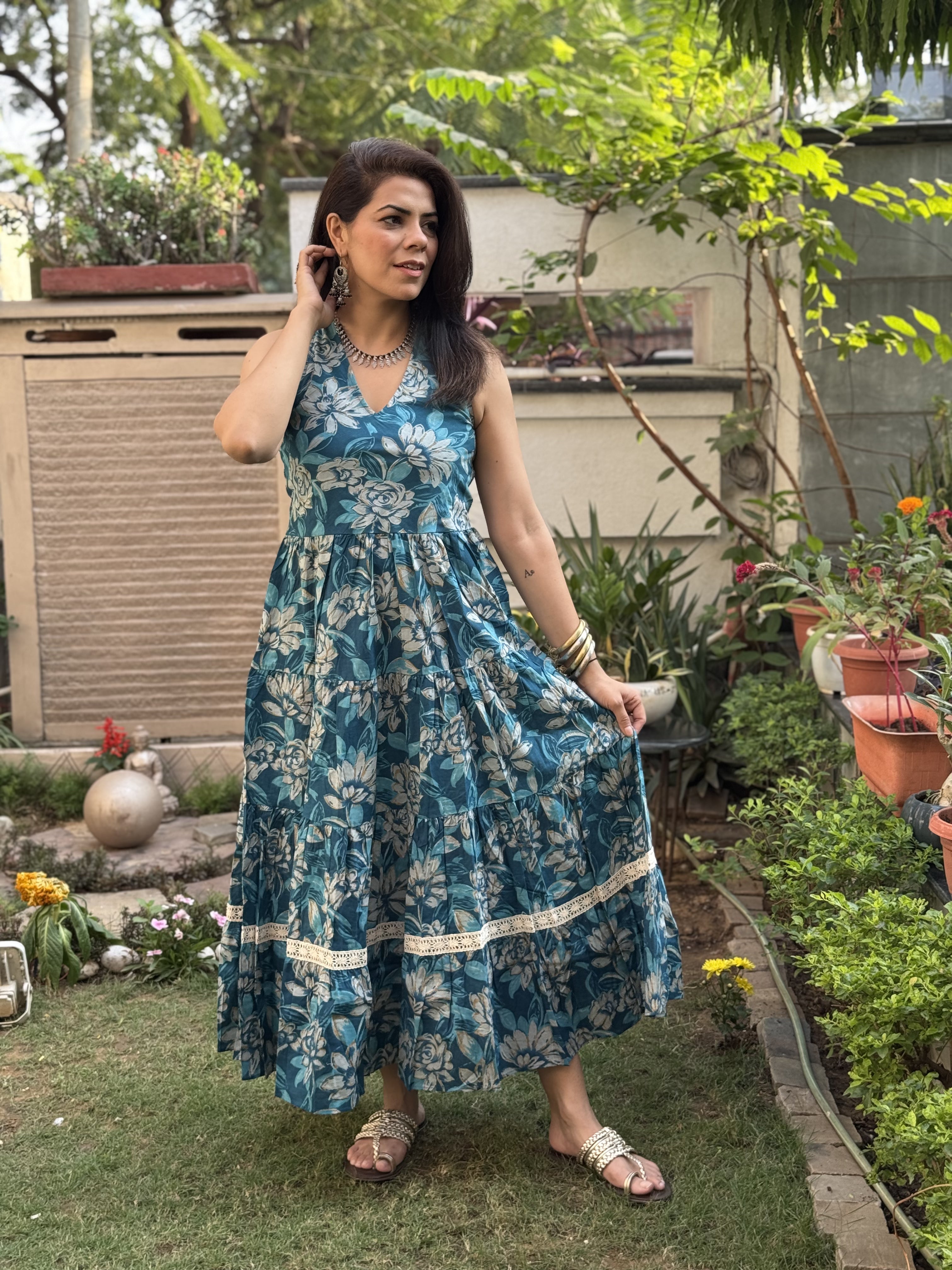 Turquoise Printed Cotton Dress