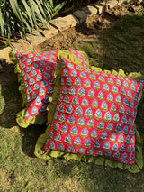 Red Handblock Printed Cushion Cover with frill-(Set of 2)