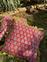 Red Handblock Printed Cushion Cover with frill-(Set of 2)