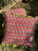 Red Handblock Printed Cushion Cover with frill-(Set of 2)