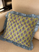 Green Handblock Printed Cushion Cover with frill-(Set of 1)