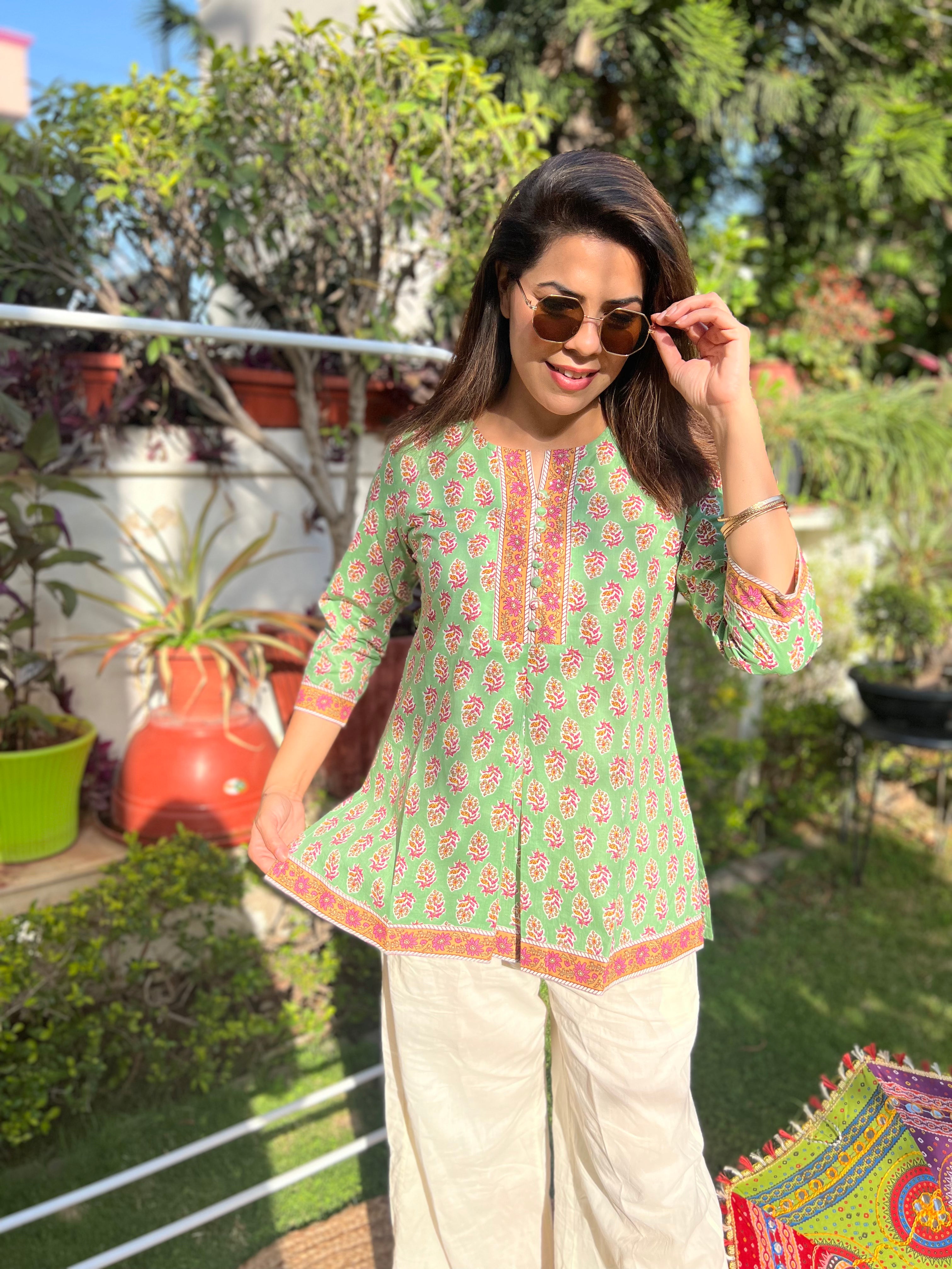 Ethnic Motifs Printed Sequinned Pure Cotton Sequinned Kurti