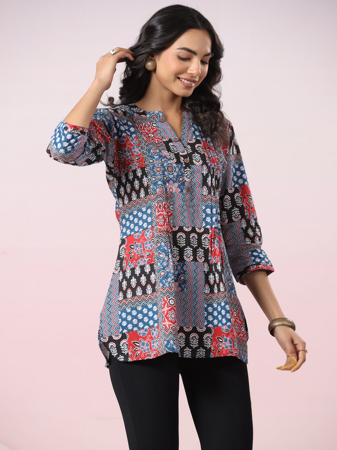 Indigo Patchwork Printed Cotton Top