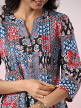 Indigo Patchwork Printed Cotton Top