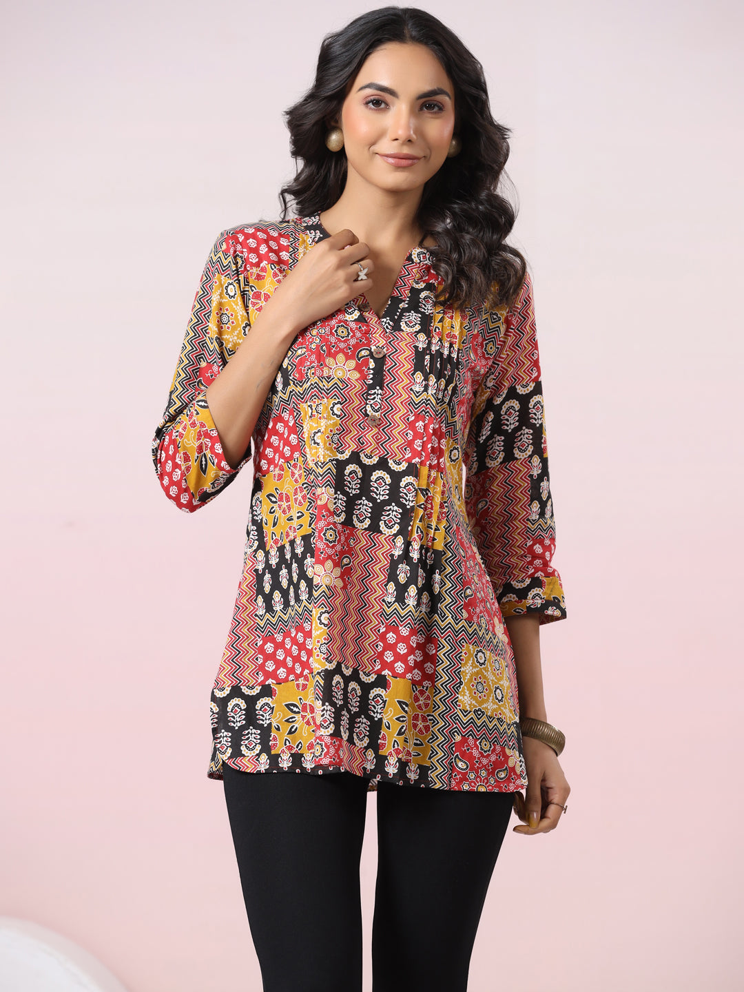 Red and Yellow Patchwork Printed Top