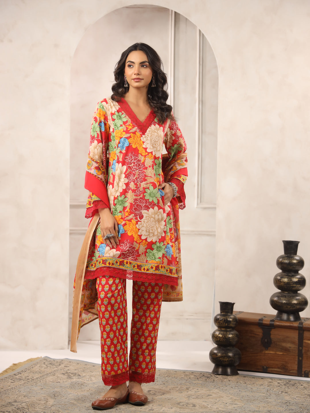 Red Printed Pakistani Suit Set