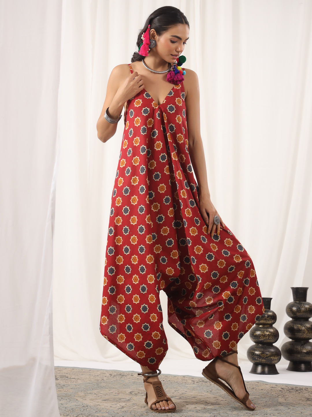 Red Printed Boho Cotton Jumpsuit