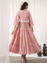 Pink Handblock Printed V-Neck Cotton Tier Dress