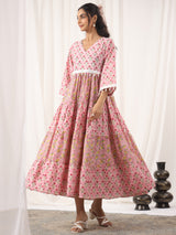 Pink Handblock Printed V-Neck Cotton Tier Dress