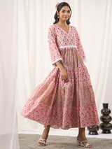 Pink Handblock Printed V-Neck Cotton Tier Dress