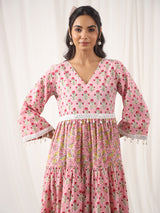 Pink Handblock Printed V-Neck Cotton Tier Dress