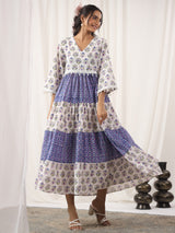 White and Blue Handblock Printed V-Neck Dress