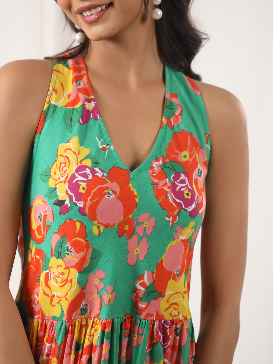 Green Printed Halter Neck Dress