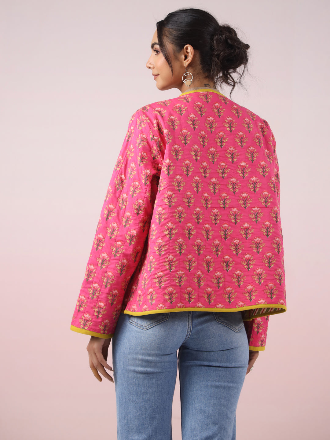 Pink Printed Free-Size Quilted Cotton Jacket