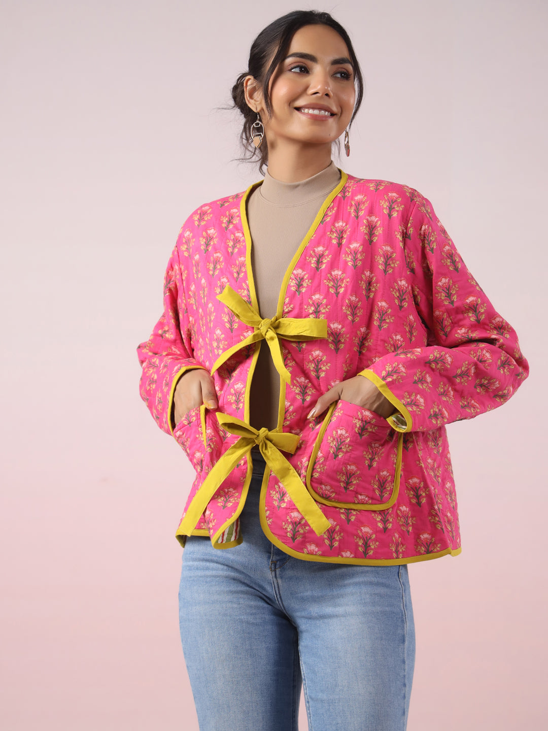 Pink Printed Free-Size Quilted Cotton Jacket