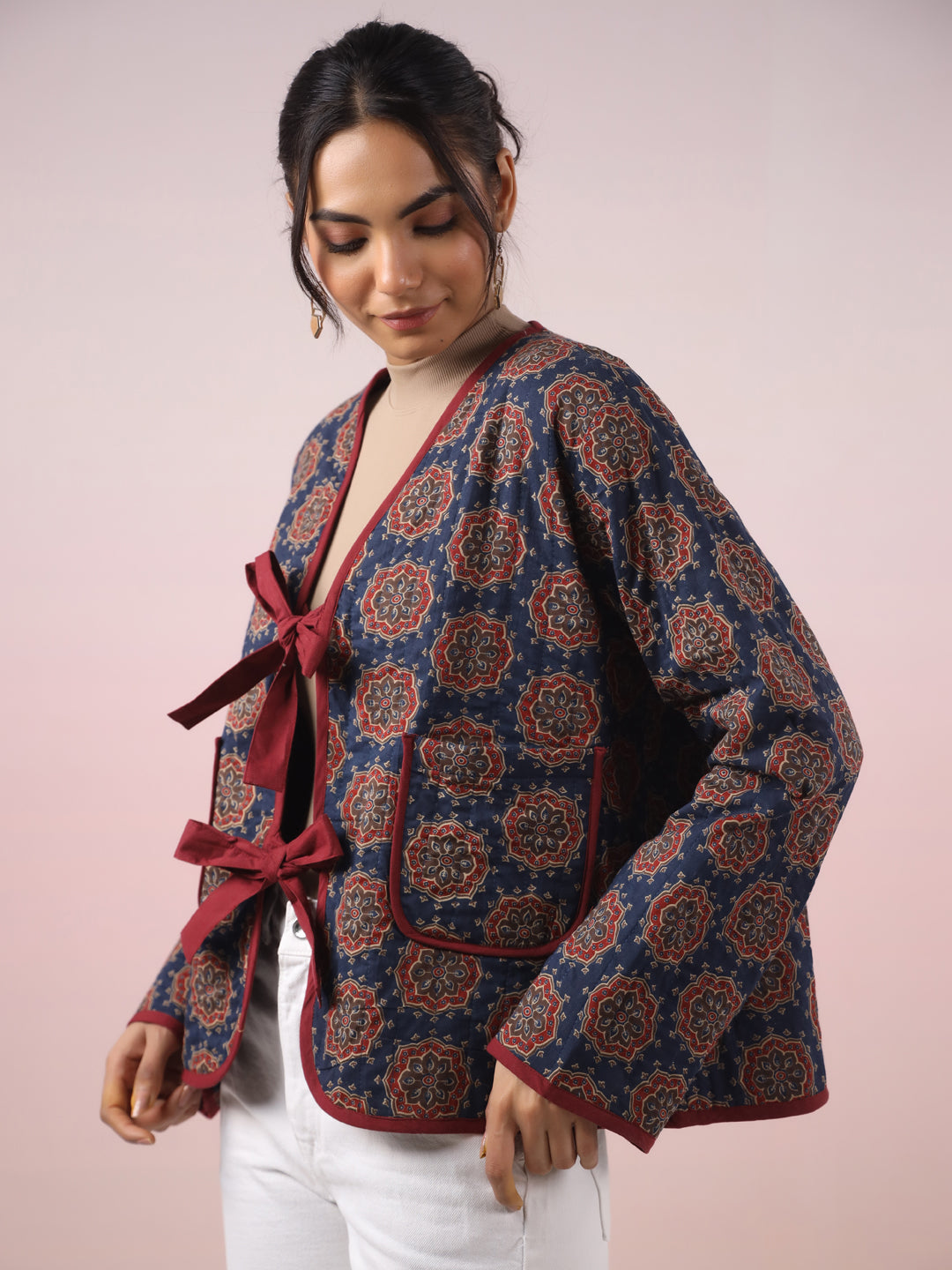 Blue Ajrakh Printed Ribbon Jacket