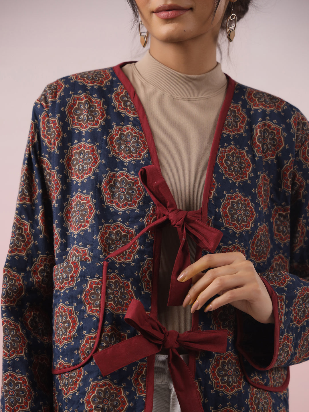 Blue Ajrakh Printed Ribbon Jacket