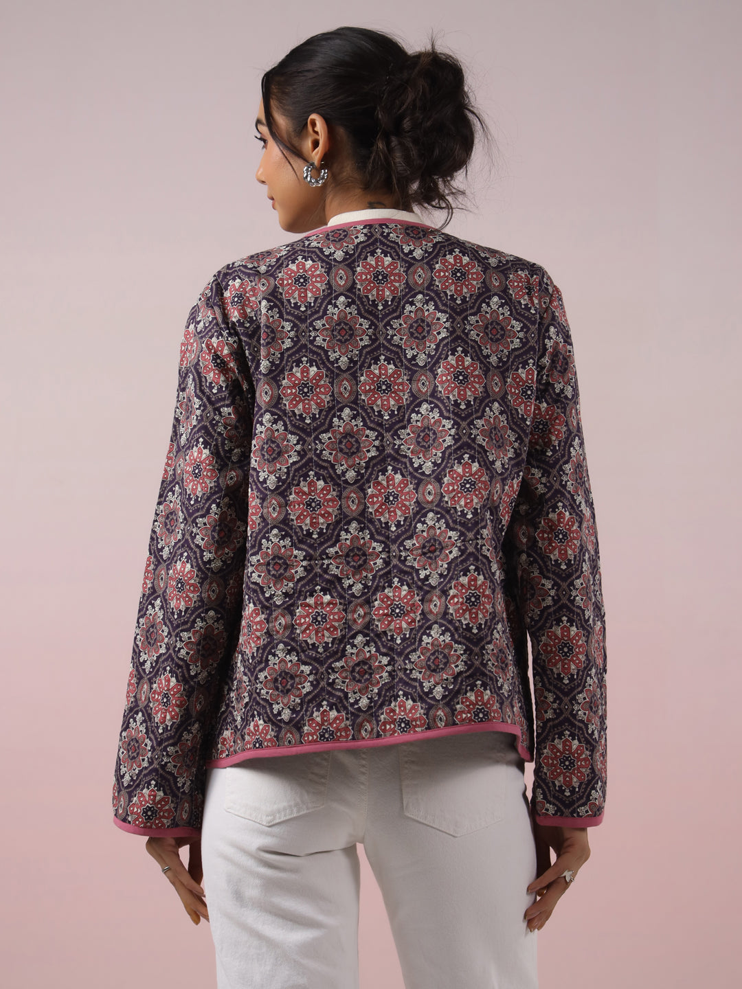 Purple Geometric Printed Free-Size Quilted Cotton Jacket