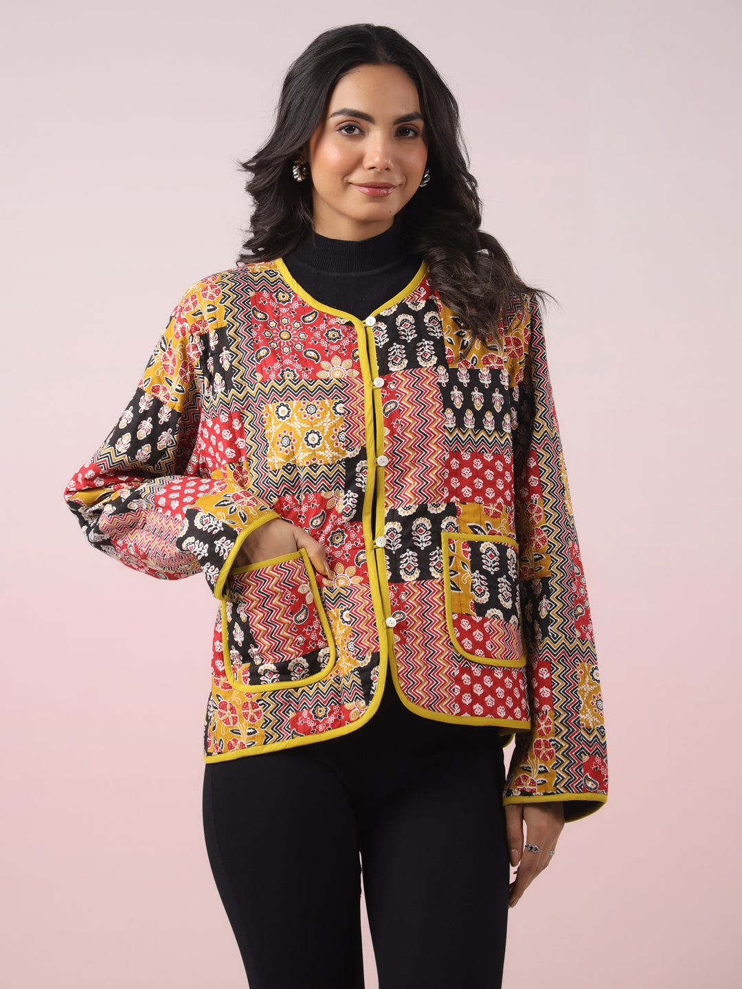 Red and Yellow Patchwork Printed Free Size Jacket