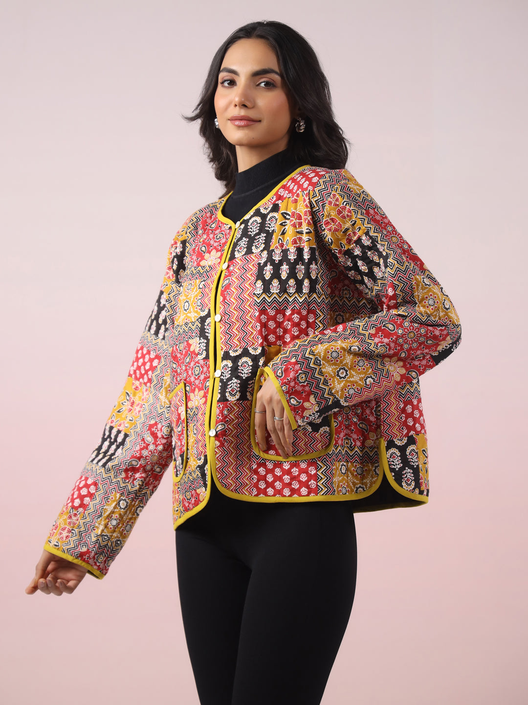 Red and Yellow Patchwork Printed Free Size Jacket