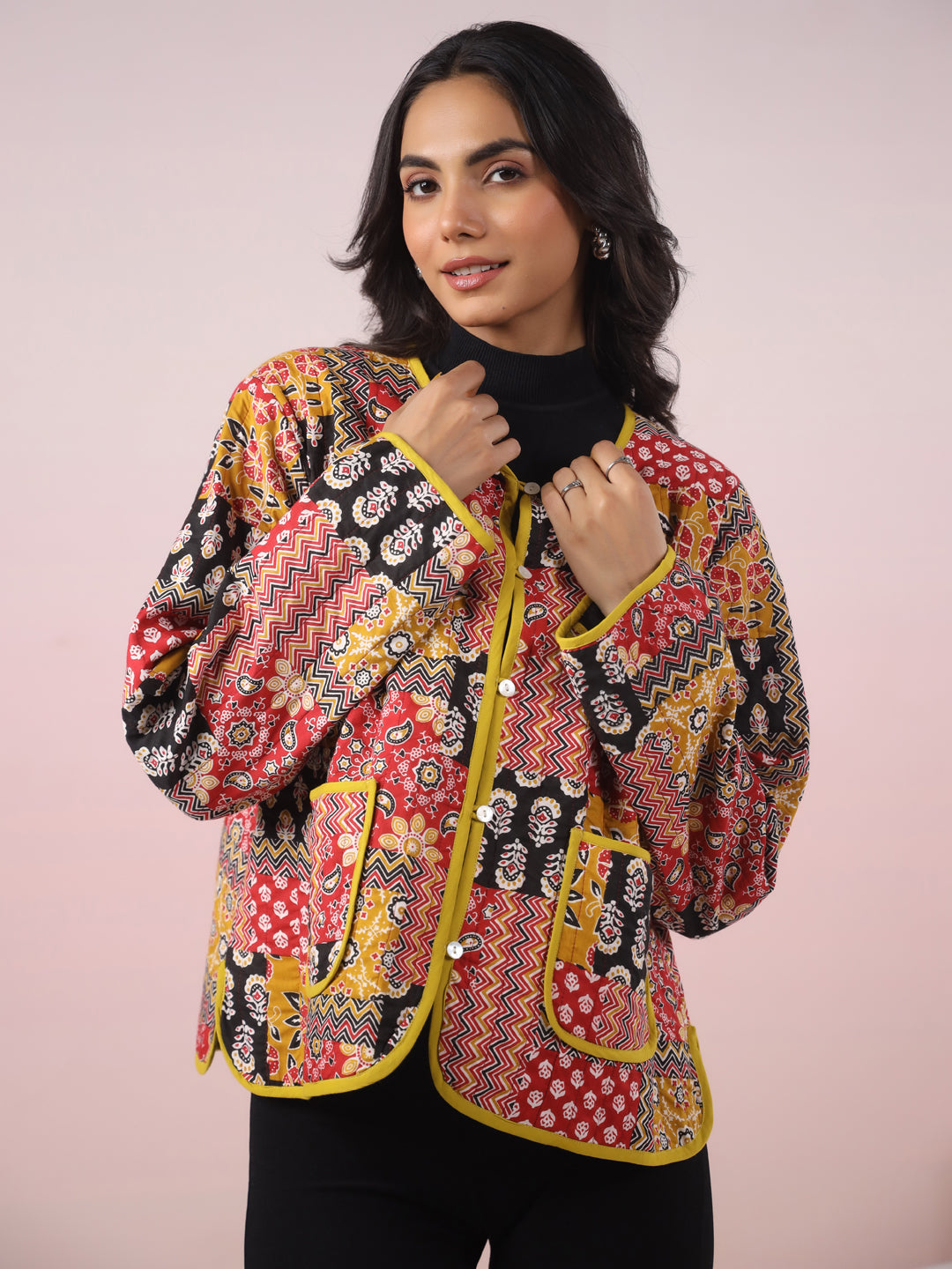 Red and Yellow Patchwork Printed Free Size Jacket