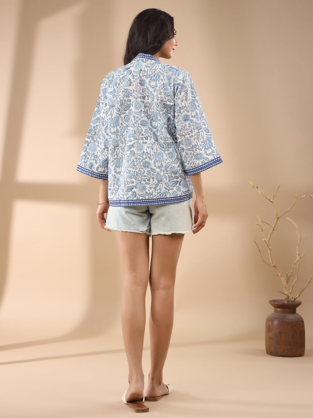 White Cotton Printed Blouse and Kimono Set