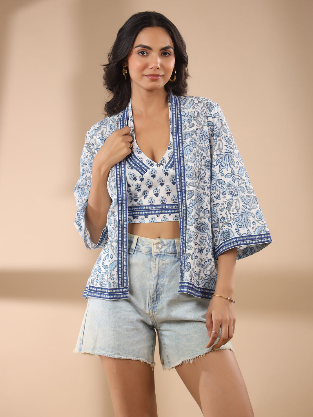 White Cotton Printed Blouse and Kimono Set