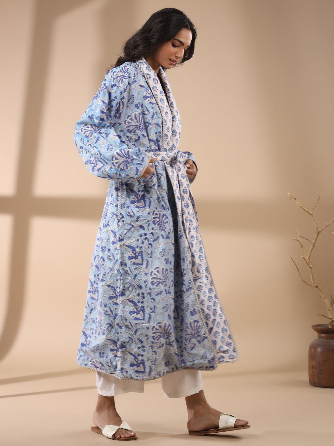 Blue Floral Printed Quilted Reversible Robe