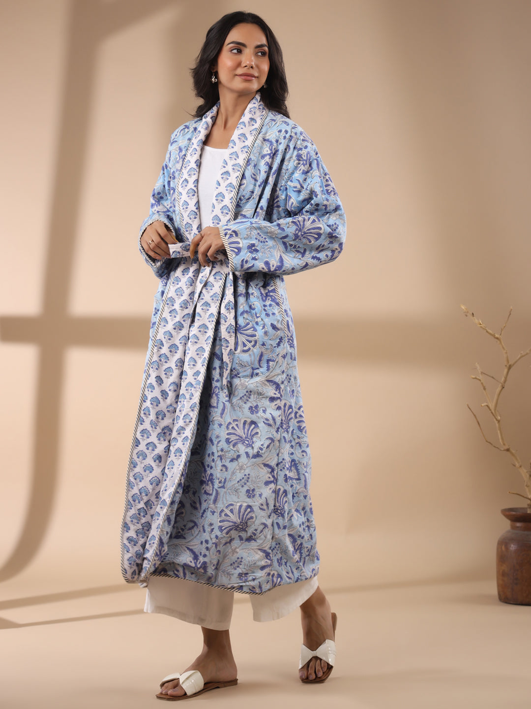 Blue Floral Printed Quilted Reversible Robe