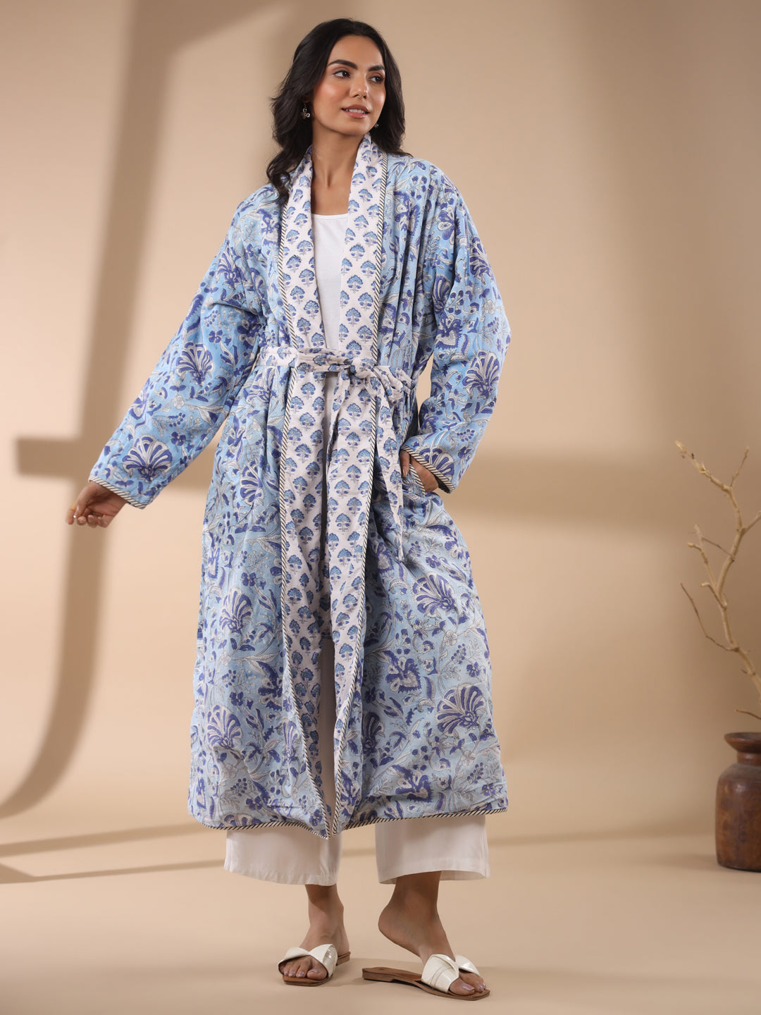 Blue Floral Printed Quilted Reversible Robe