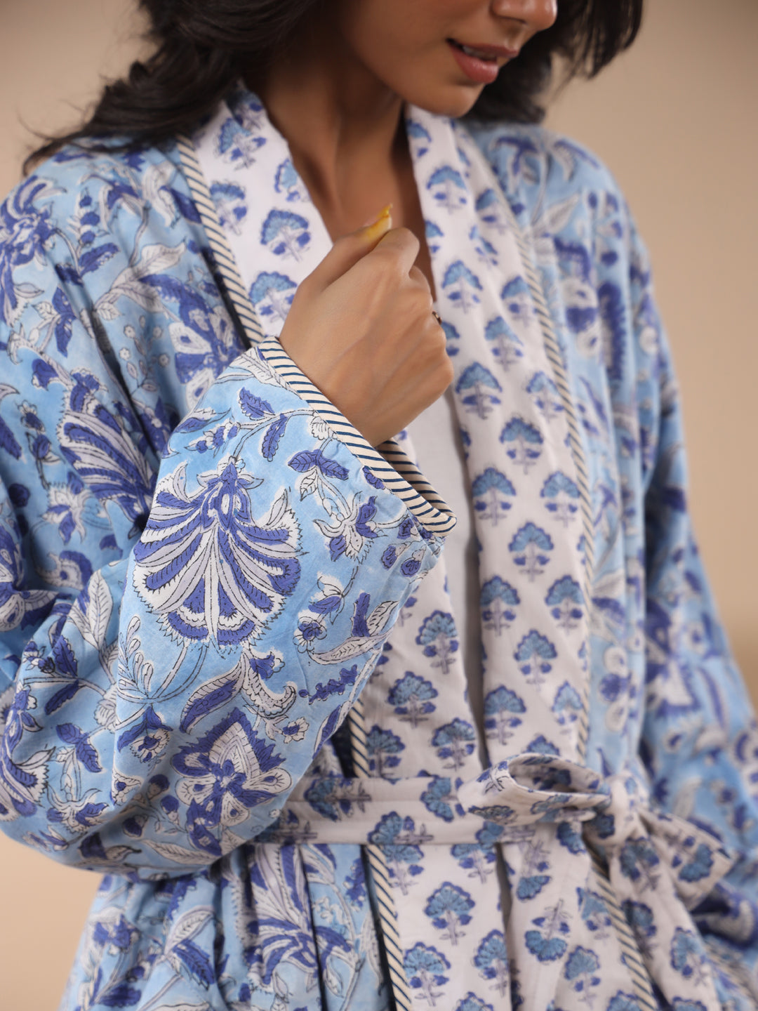 Blue Floral Printed Quilted Reversible Robe