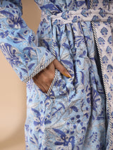 Blue Floral Printed Quilted Reversible Robe