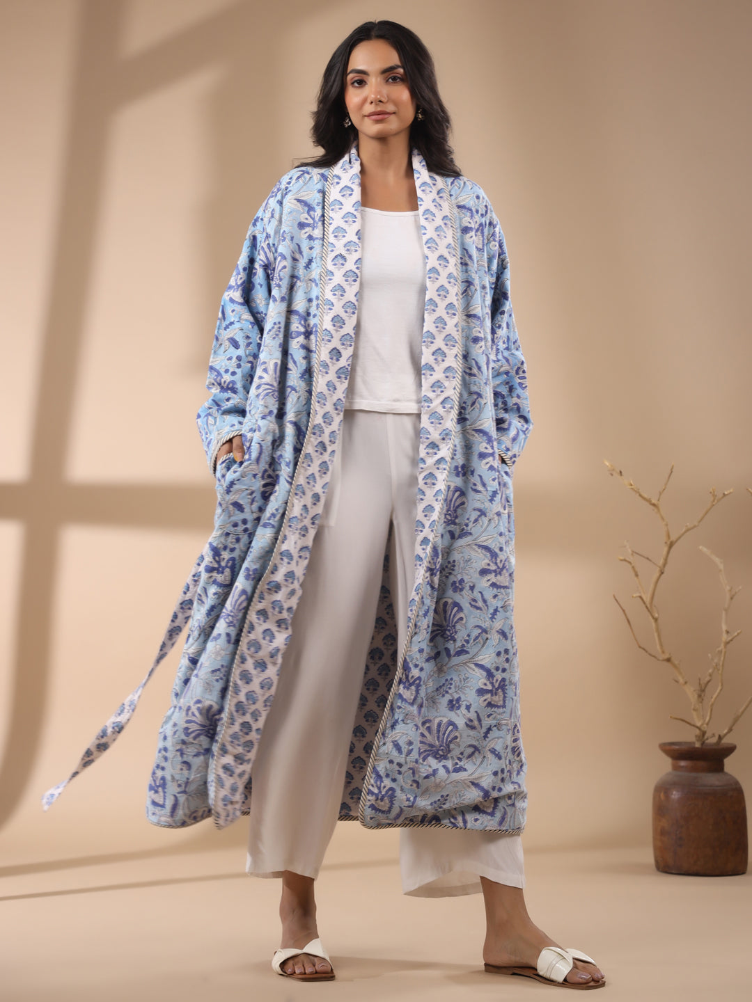 Blue Floral Printed Quilted Reversible Robe